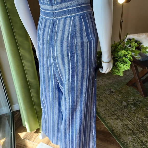 Calvin Klein Striped Linen & Rayon Jumpsuit in a Denim Blue & White. - Picture 3 of 16